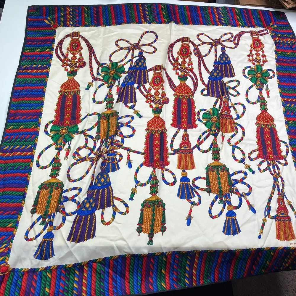 ECHO Vintage Tassel Tie Multicolor Silk Scarf 34.75” Square